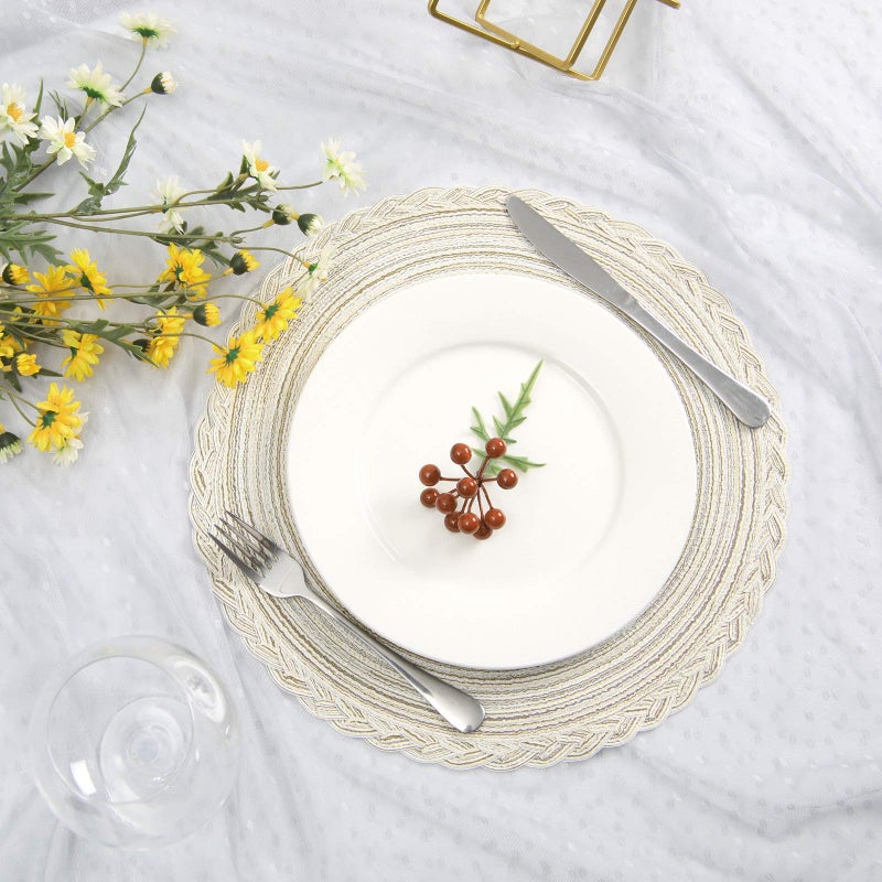 SHACOS Round Placemats Set of 4 Boho Braided Border Place Mats for Dining Tables Wedding Holiday Party (Ivory Bordered, 4) - Image 2